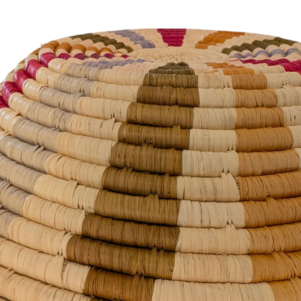 VINTAGE Handwoven Ghana Basket Tray Round African Woven Bowl Red Tan Blue 14
